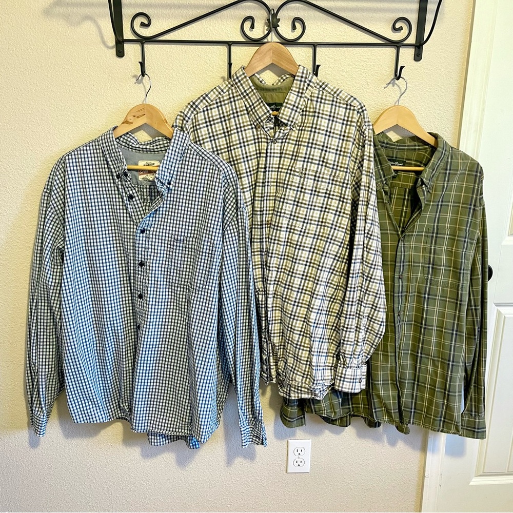 Eddie Bauer Men's Casual Plaid Button-Down Shirts Trio - Blue, Cream, Green